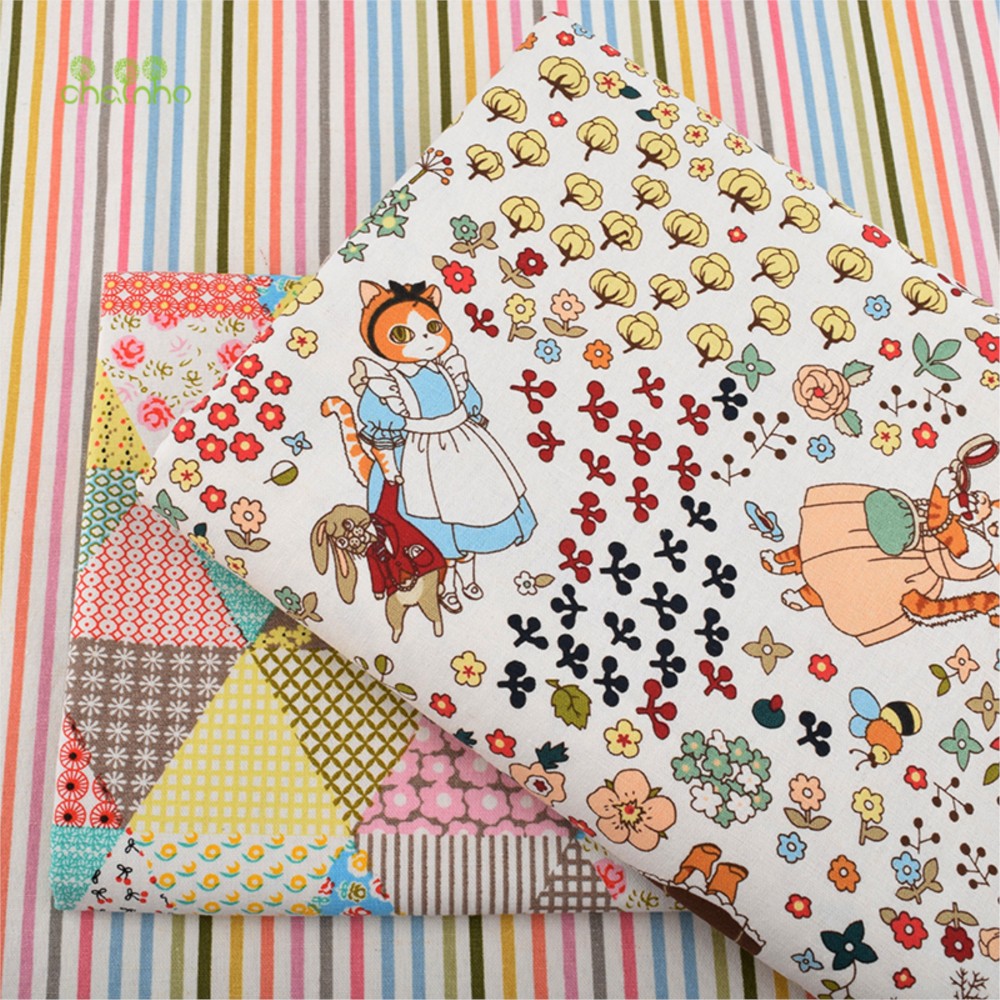 Sewing Geotextile Fabric - Chainho, ผ้าฝ้ายลินินพิมพ์ลาย, วัสดุสำหรับงานควิลท์และงานเย็บ DIY, ผ้าสำหรับหุ้มโซฟา/โต๊ะ/เฟอร์นิเจอร์/เบาะรองนั่ง, P15CLA10
