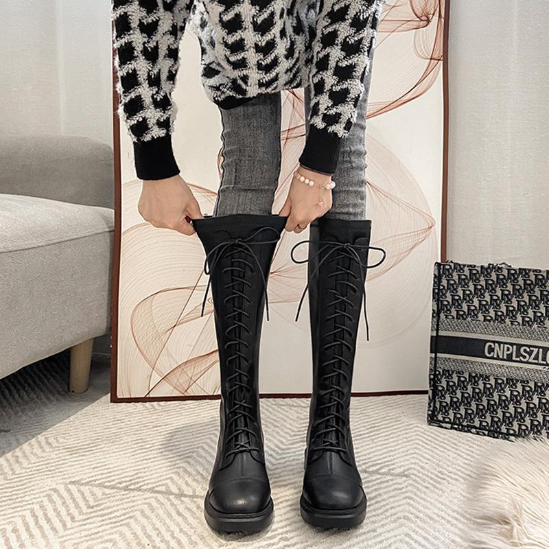 Sewing Fleece - รองเท้าบูทผู้หญิงทรงสูงถึงเข่า ส้นเตี้ย หัวมน บุขนด้านใน ดีไซน์หรูหรา กำลังโปรโมชั่นสุดฮอต