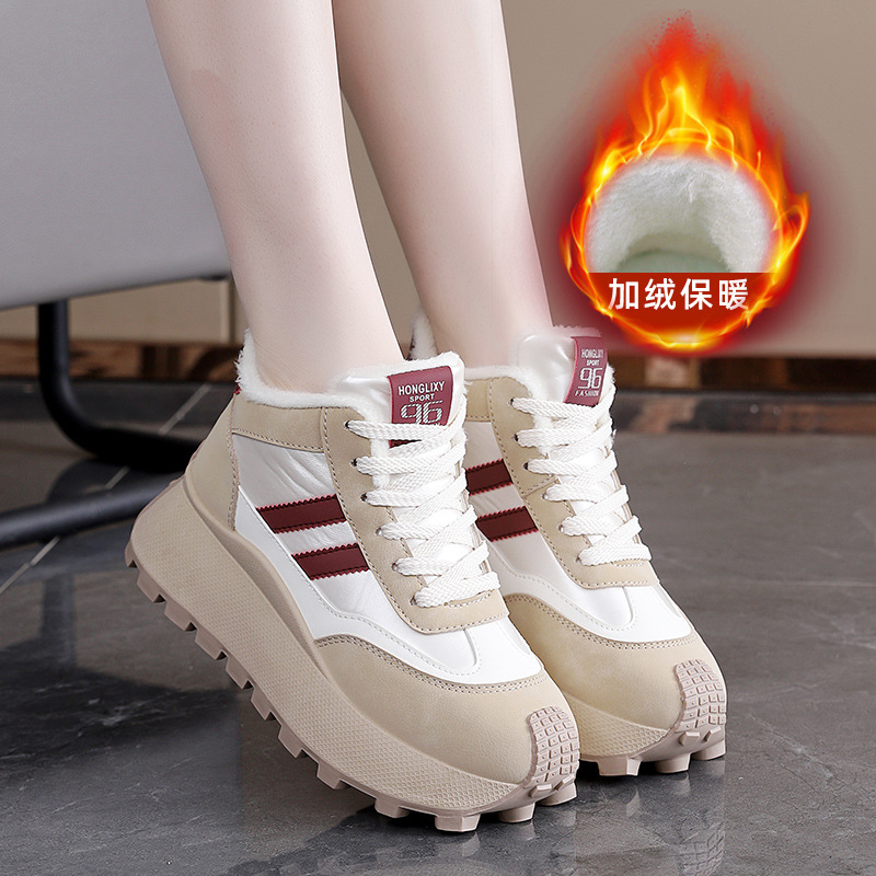 Sewing Fleece - รองเท้าผ้าใบผู้หญิงทรงหุ้มข้อ พื้นหนา สำหรับฤดูหนาว เพิ่มความสูง บุขนอุ่น สวมใส่สบาย