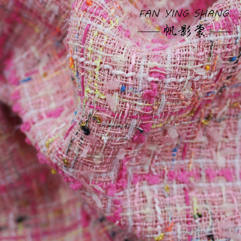 Sewing Tweed - ผ้าทวีดลายสก็อตสีชมพูแต่งพู่สำหรับเสื้อโค้ท ผ้าทอเงา ผ้าสำหรับตัดเย็บเสื้อผ้า ผ้าสำหรับงานเย็บปักถักร้อยแบบแอฟริกัน