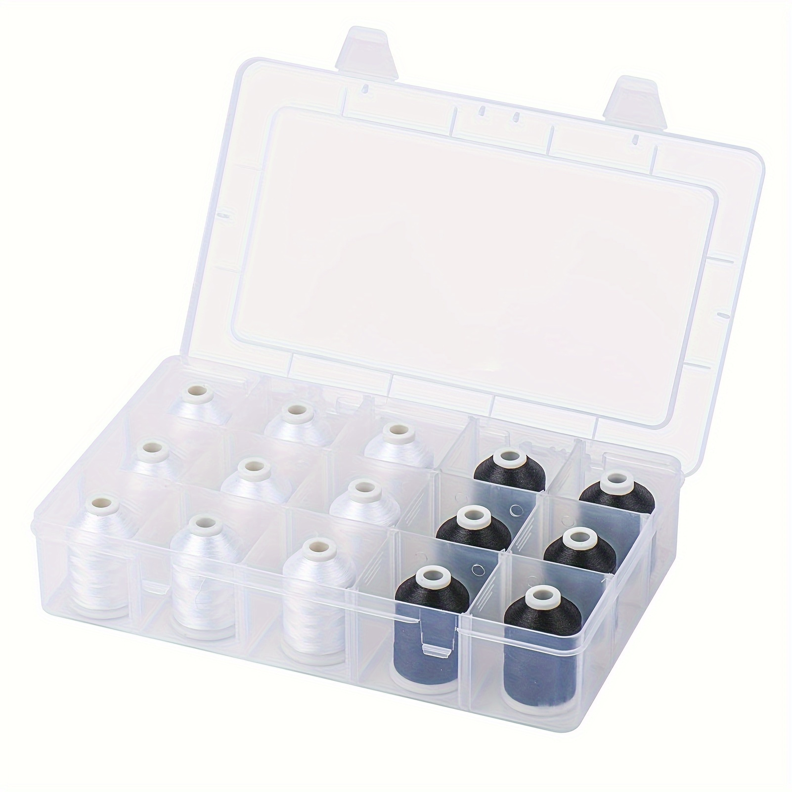 Bobbin Organizer Box - กล่องเก็บของพลาสติกใสแบบพกพา 15 ช่องสำหรับเก็บหลอดด้าย ด้าย และอุปกรณ์งานฝีมือ เหมาะสำหรับการเดินทาง