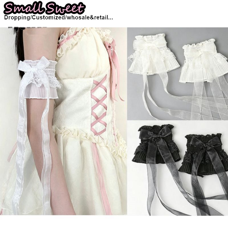 Sewing Textiles - ปลอกแขนลูกไม้แต่งโบว์สไตล์ Y2K สำหรับผู้หญิง ลุคคาวาอี้ โลลิต้า พร้อมริบบิ้นผ้าทูลล์